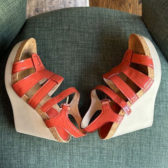 Coach Fran Wedge Ankle Strap Sandals Women sz 7 orange platform patient leather - Picture 7 of 9